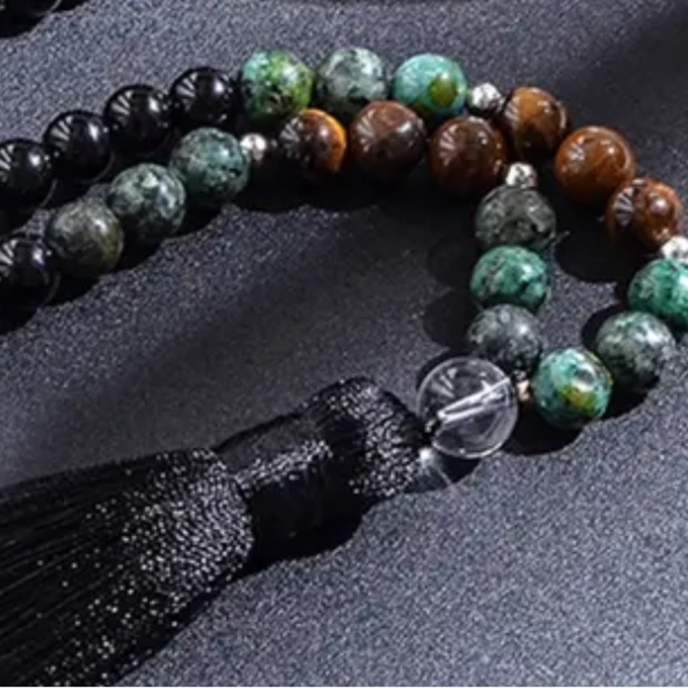 African turquoise, obsidian and tigers eye mala and bracelet set - Picture 6 of 7